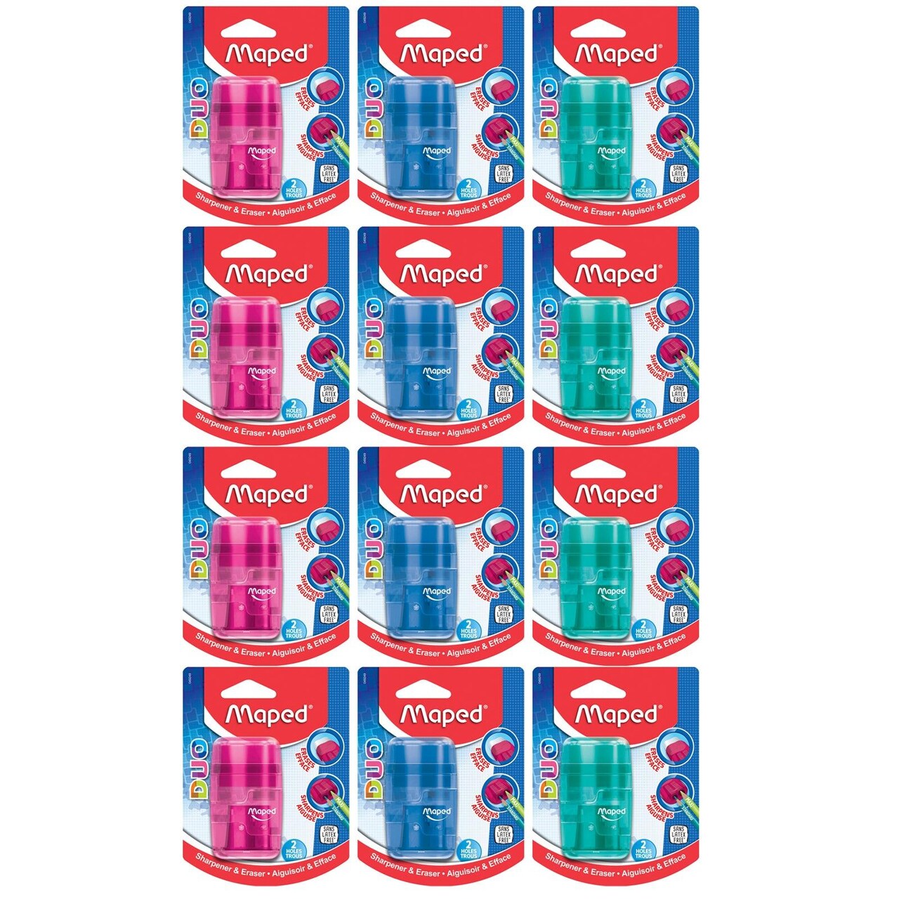 Connect DUO 2 Hole Sharpener / Eraser Combo, Assorted Colors, Pack of 12